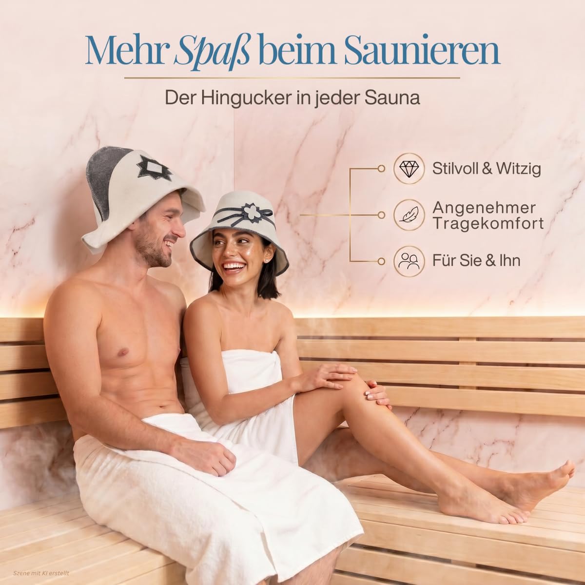 Paar auf einer Saunabank, er mit Saunahut „Napoleon“, sie mit Saunahut „Blume“