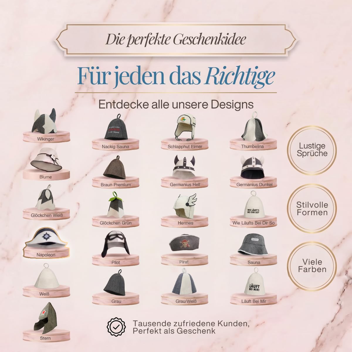 Übersicht von 21 Saunahut-Designs auf Podesten, das Modell „Napoleon“ ist hervorgehoben