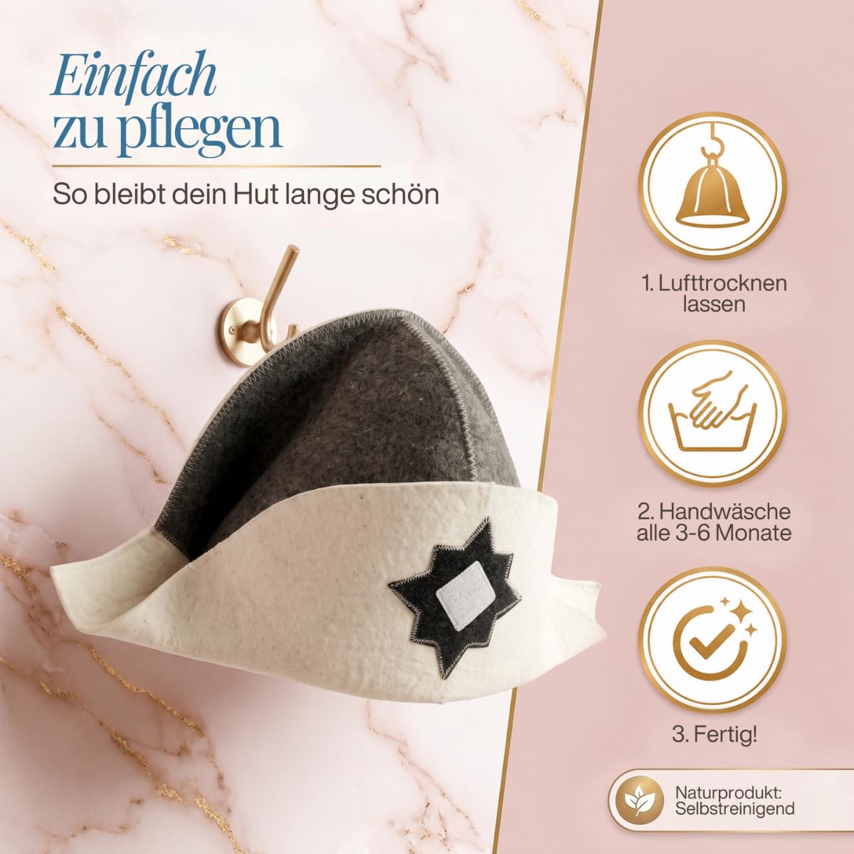 Saunahut „Napoleon“ an einem Wandhaken, daneben drei Pflegeschritte als Symbole