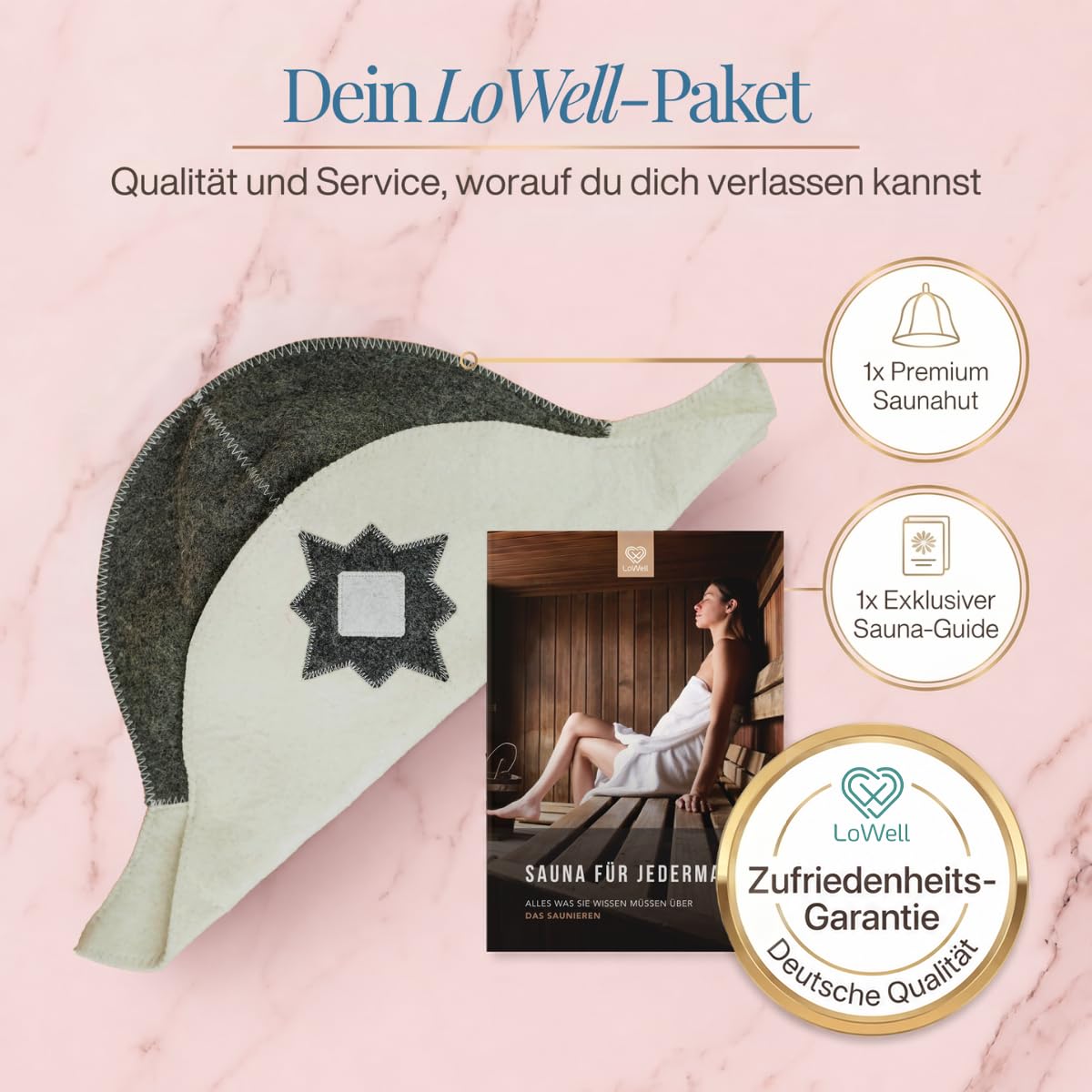 Saunahut „Napoleon“ unter der Überschrift „Dein LoWell-Paket“, daneben ein LoWell-Abzeichen