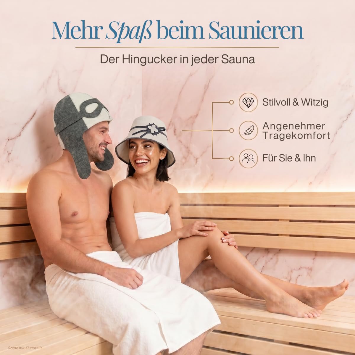 Paar auf einer Saunabank, er mit Saunahut „Pilot“, sie mit Saunahut „Blume“