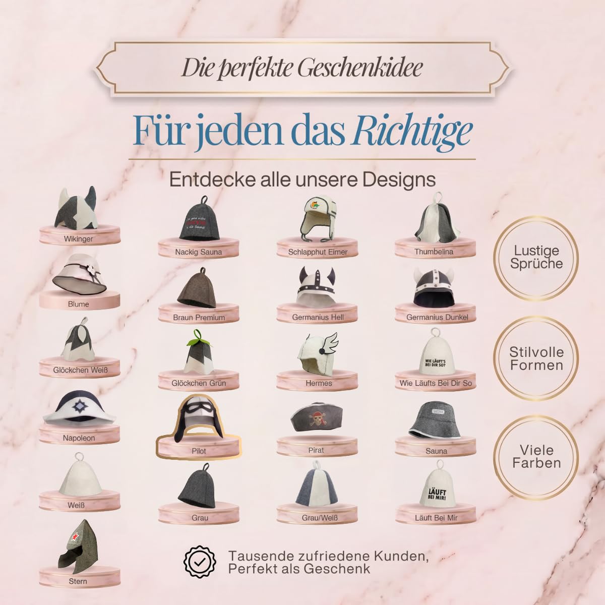 Übersicht von 21 Saunahut-Designs auf Podesten, das Modell „Pilot“ ist hervorgehoben