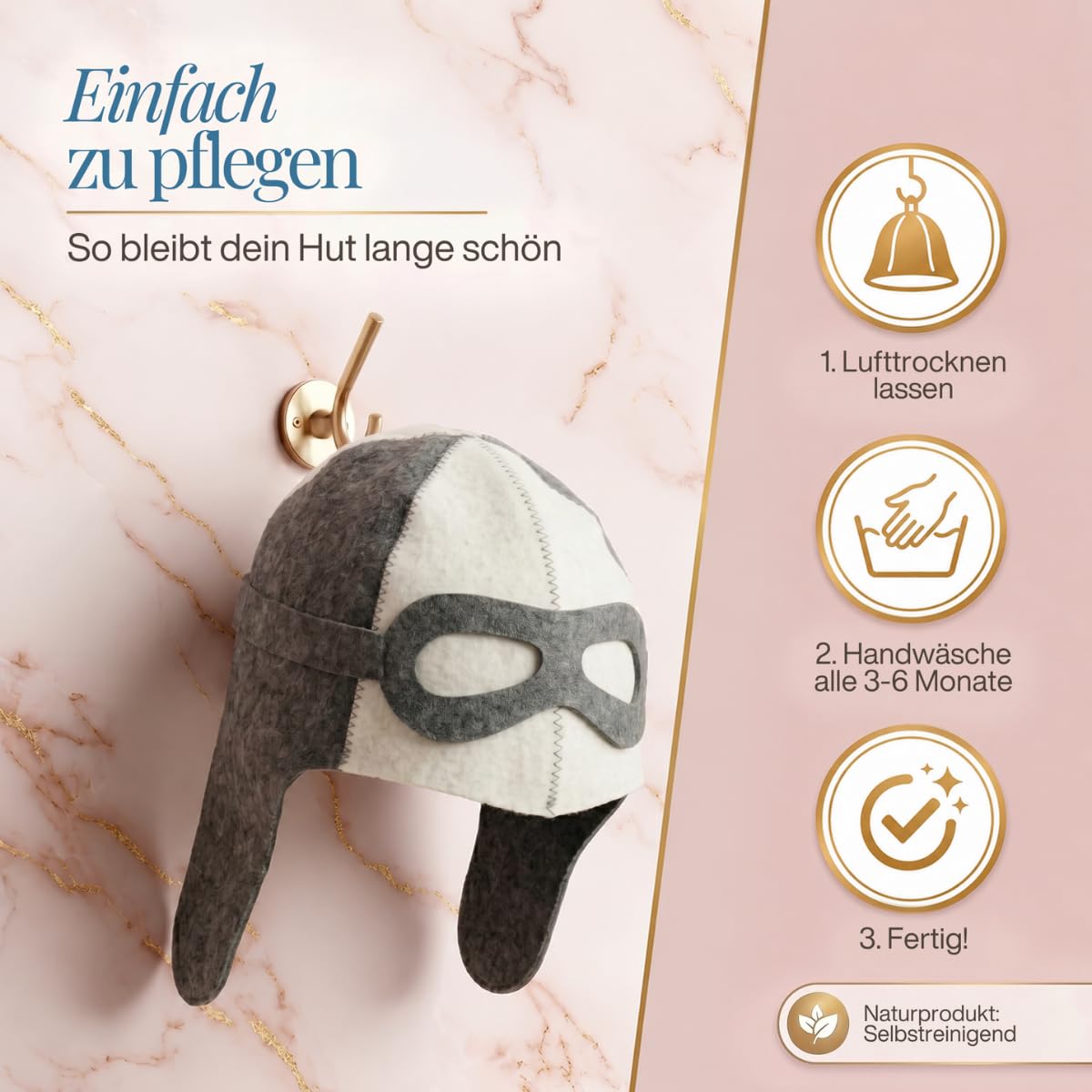 Saunahut „Pilot“ an einem Wandhaken, daneben drei Pflegeschritte als Symbole