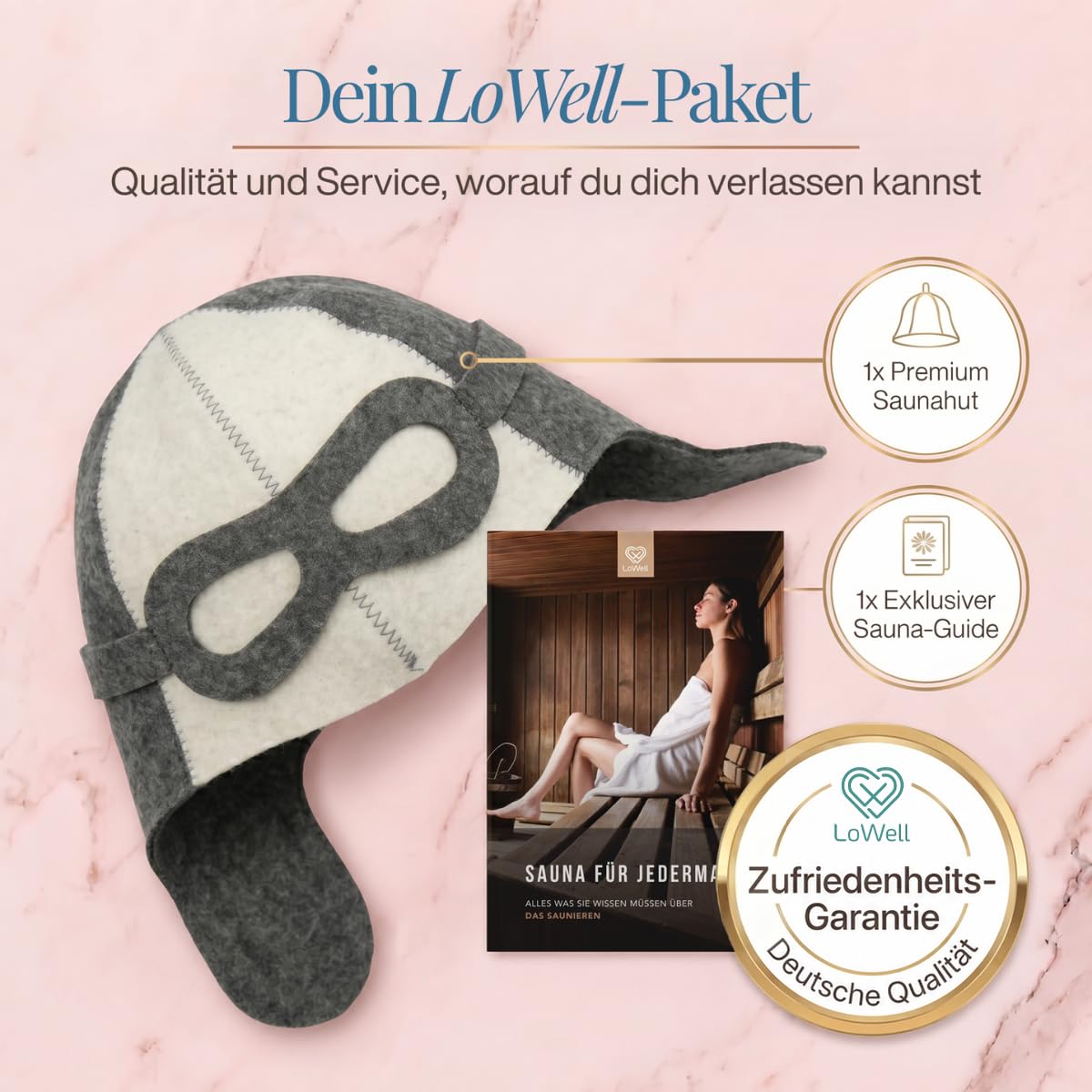 Saunahut „Pilot“ unter der Überschrift „Dein LoWell-Paket“, daneben ein LoWell-Abzeichen