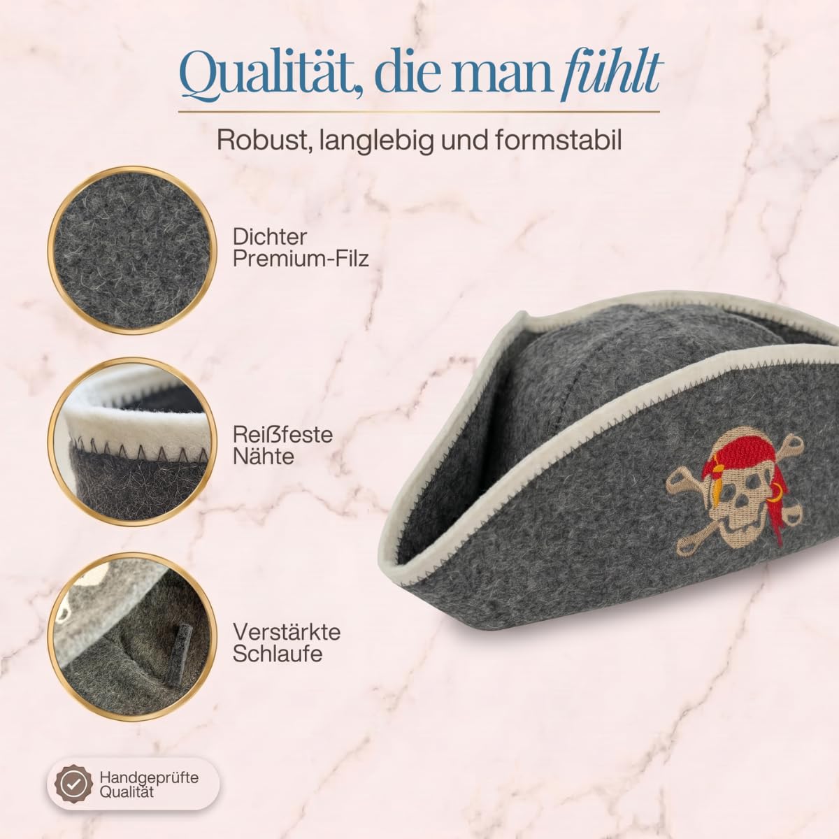 Saunahut „Pirat“ freigestellt mit drei Nahaufnahmen von Filz, Naht und Schlaufe