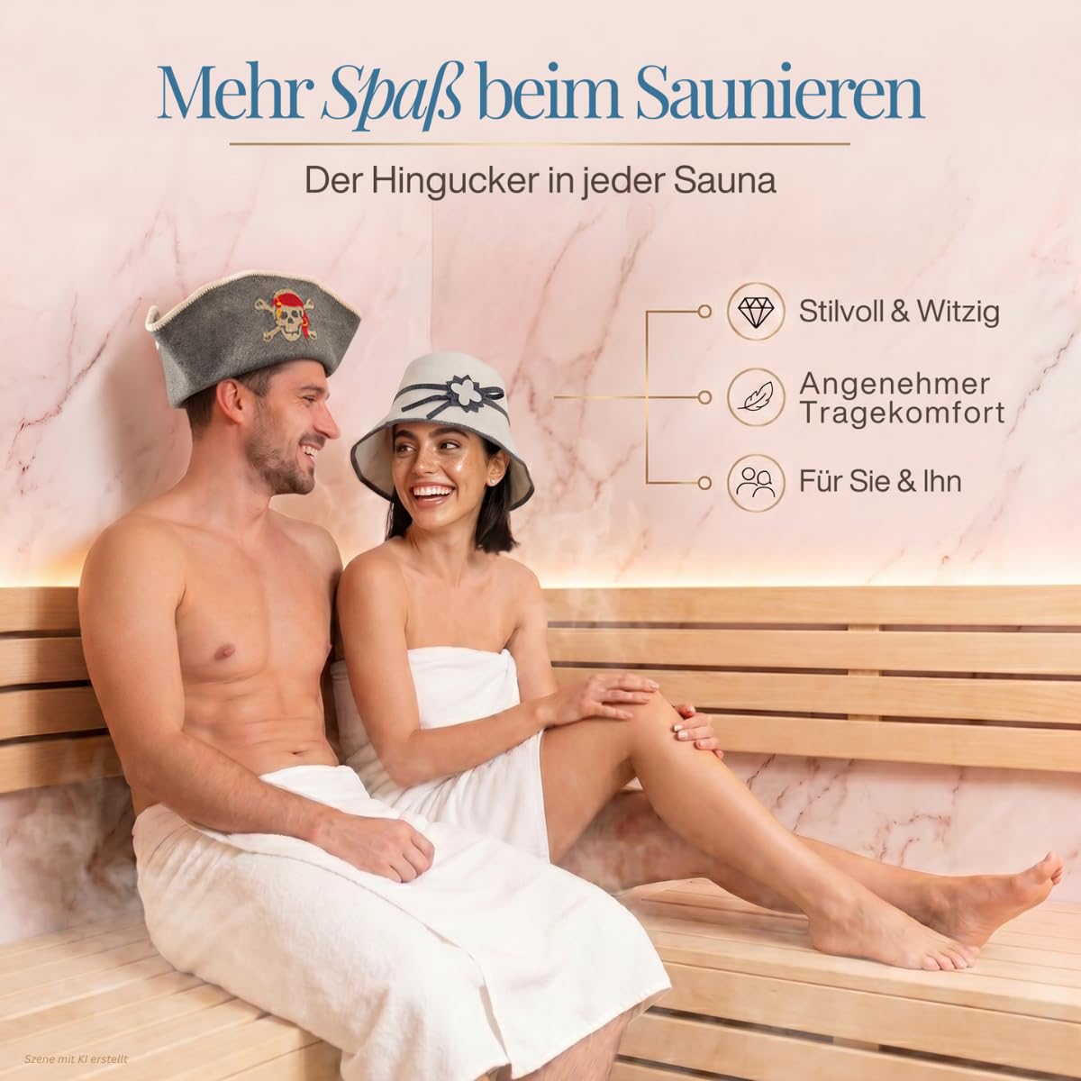 Paar auf einer Saunabank, er mit Saunahut „Pirat“, sie mit Saunahut „Blume“