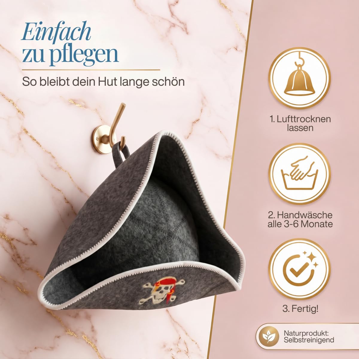 Saunahut „Pirat“ an einem Wandhaken, daneben drei Pflegeschritte als Symbole