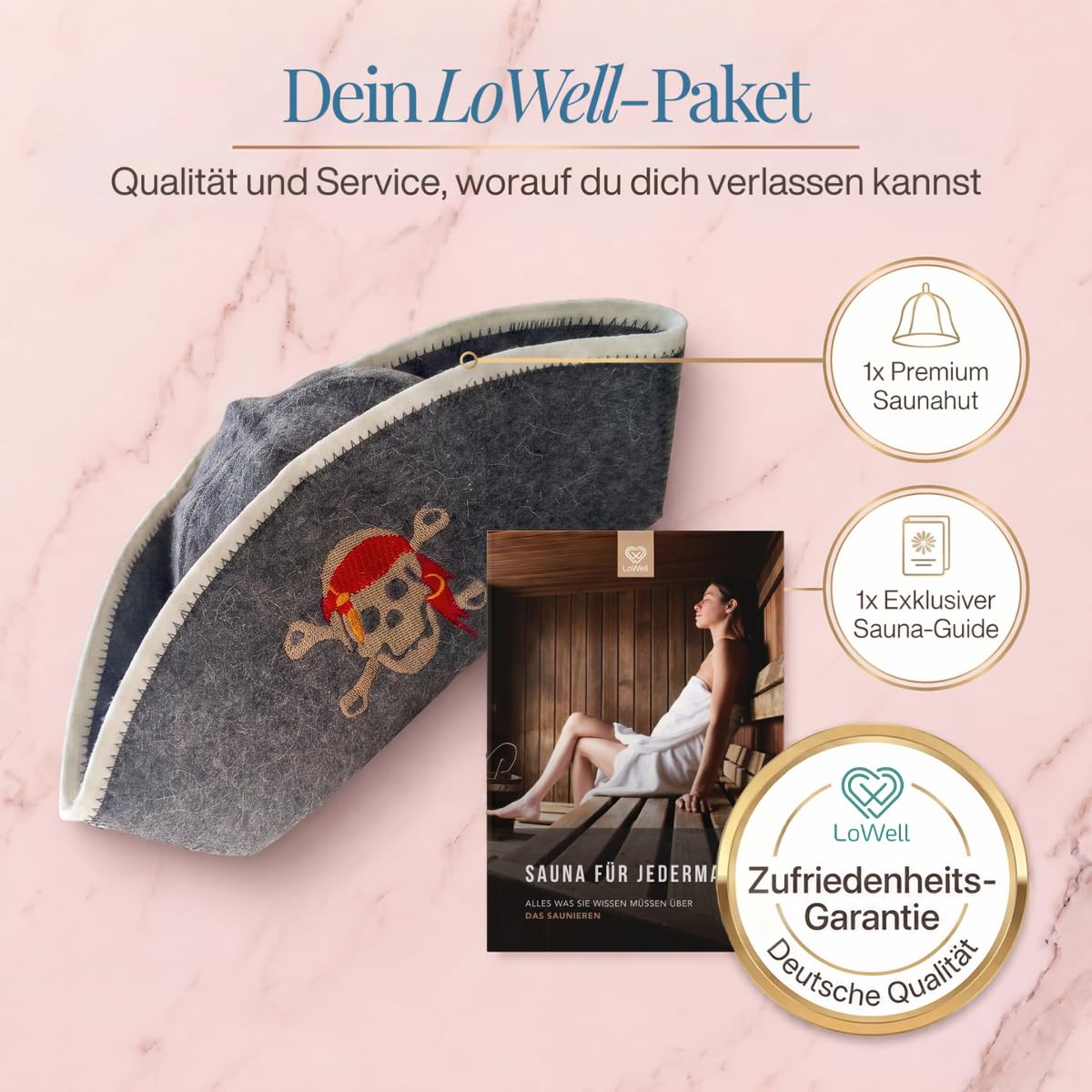 Saunahut „Pirat“ unter der Überschrift „Dein LoWell-Paket“, daneben ein LoWell-Abzeichen