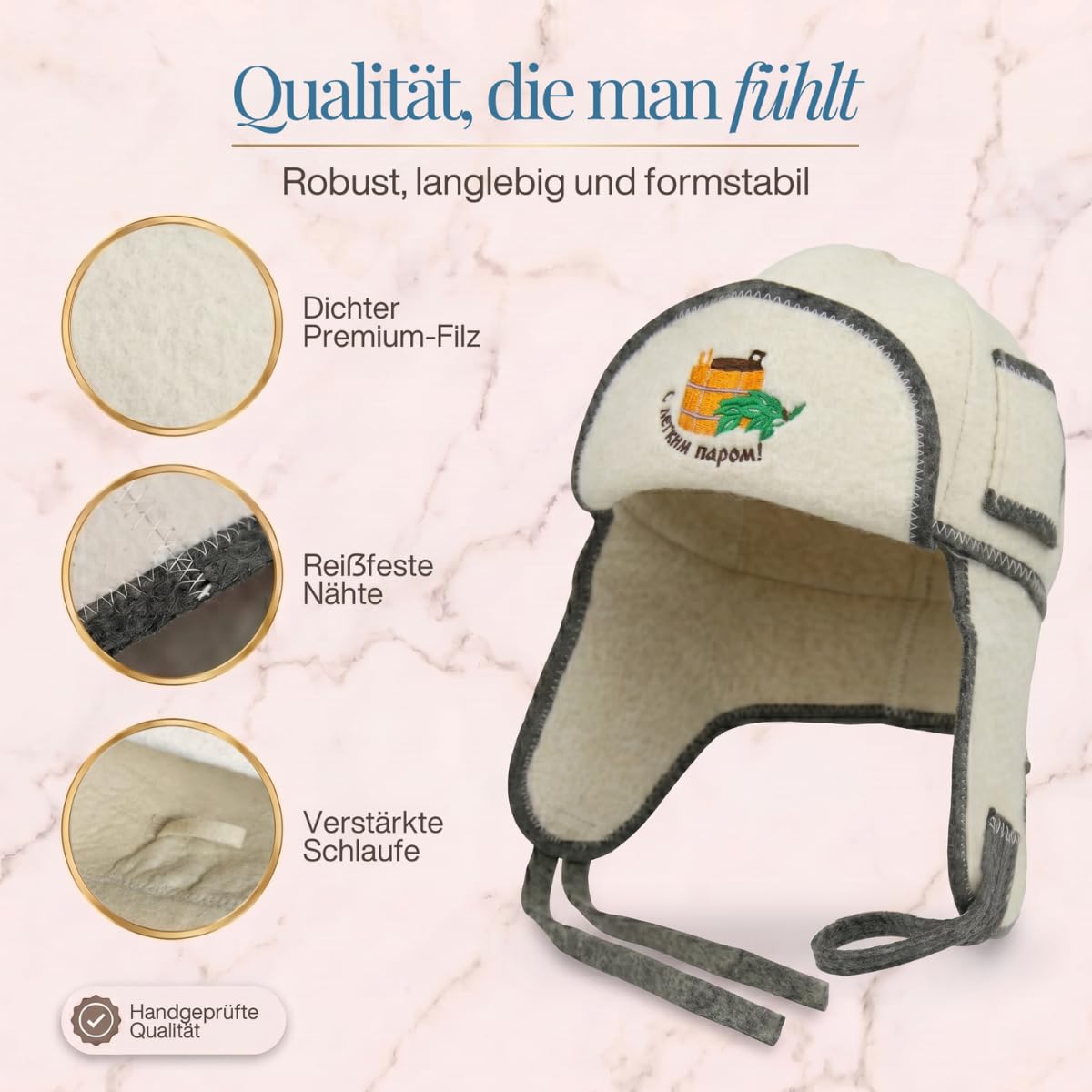 Saunahut „Schlapphut“ freigestellt mit drei Nahaufnahmen von Filz, Naht und Schlaufe