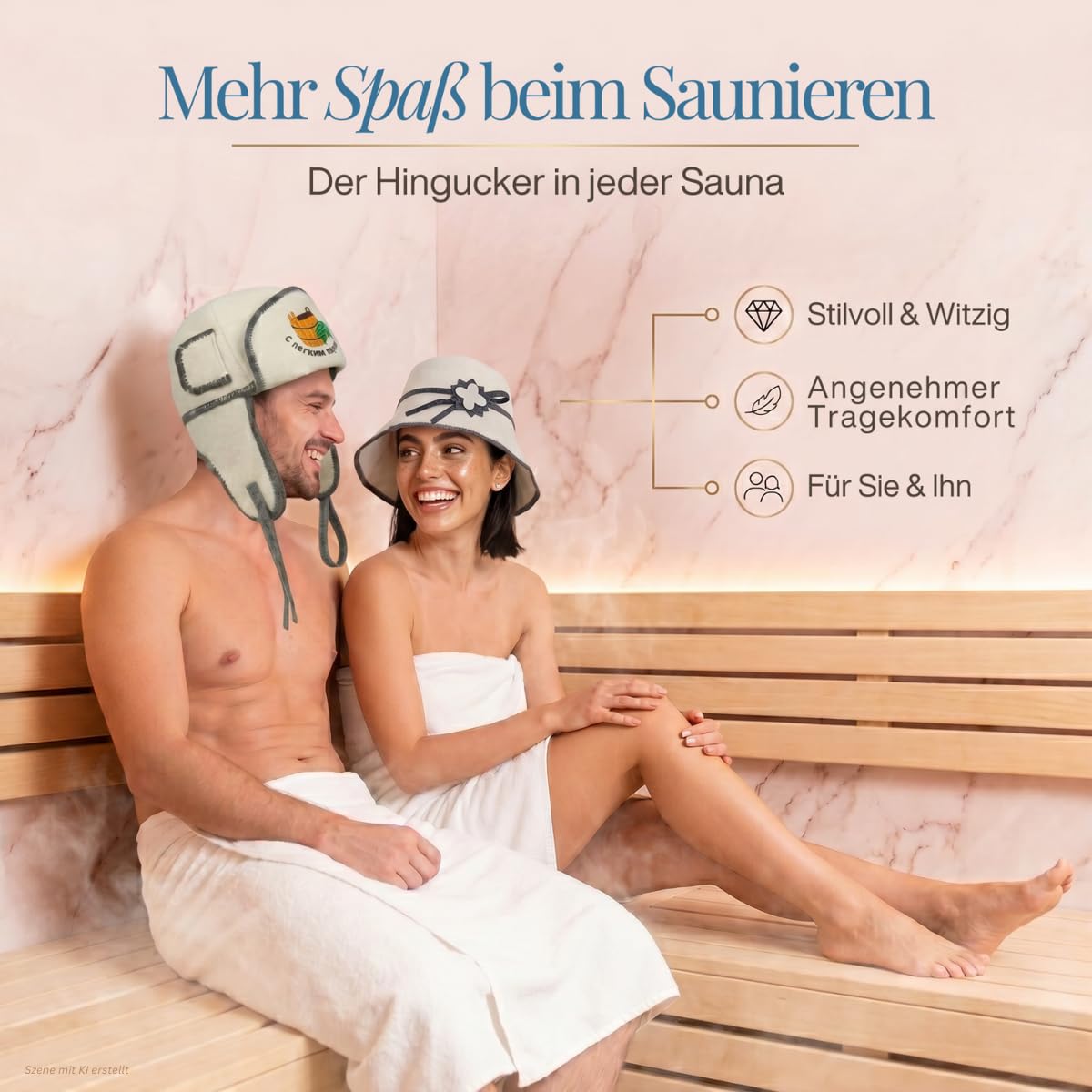 Paar auf einer Saunabank, er mit Saunahut „Schlapphut“, sie mit Saunahut „Blume“