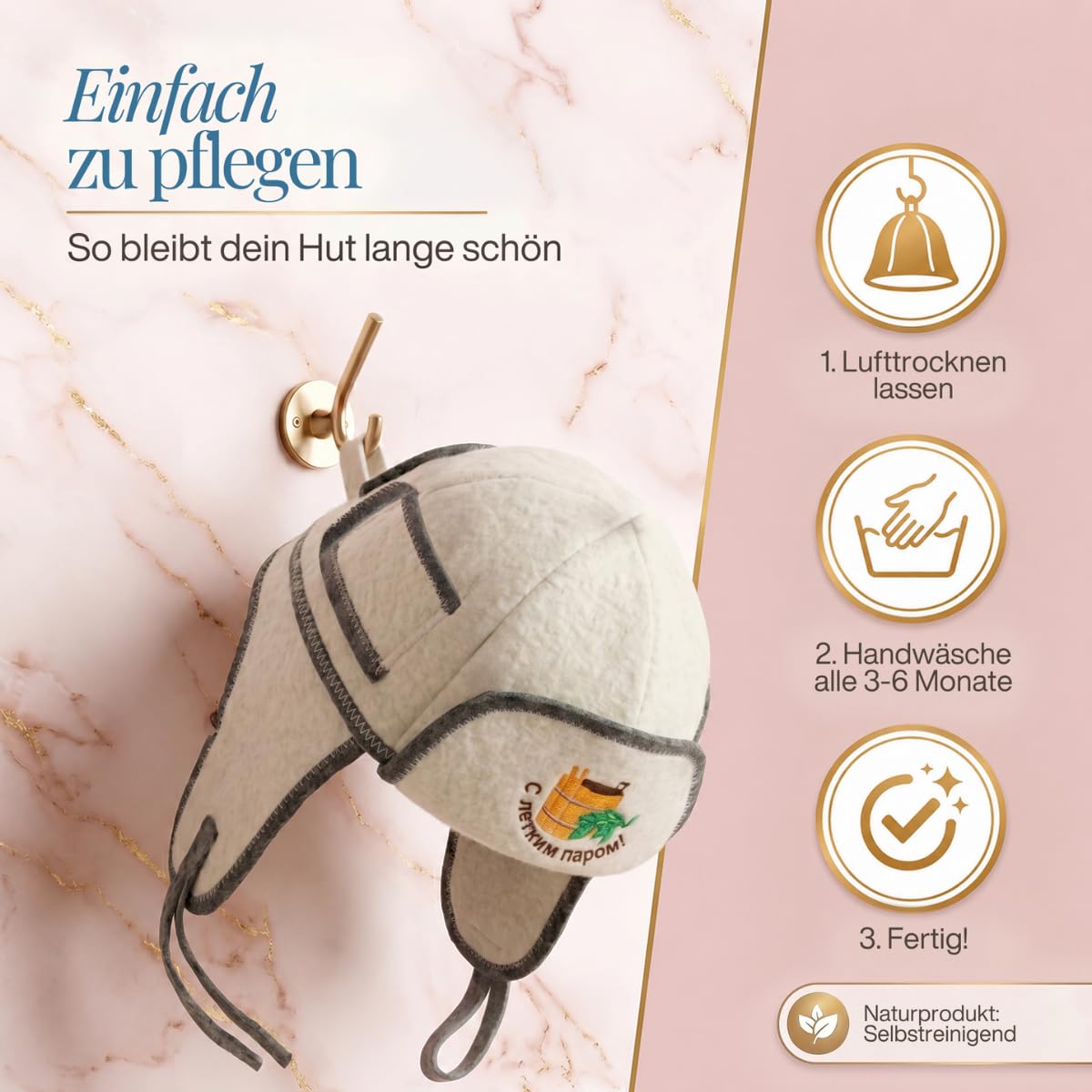 Saunahut „Schlapphut“ an einem Wandhaken, daneben drei Pflegeschritte als Symbole