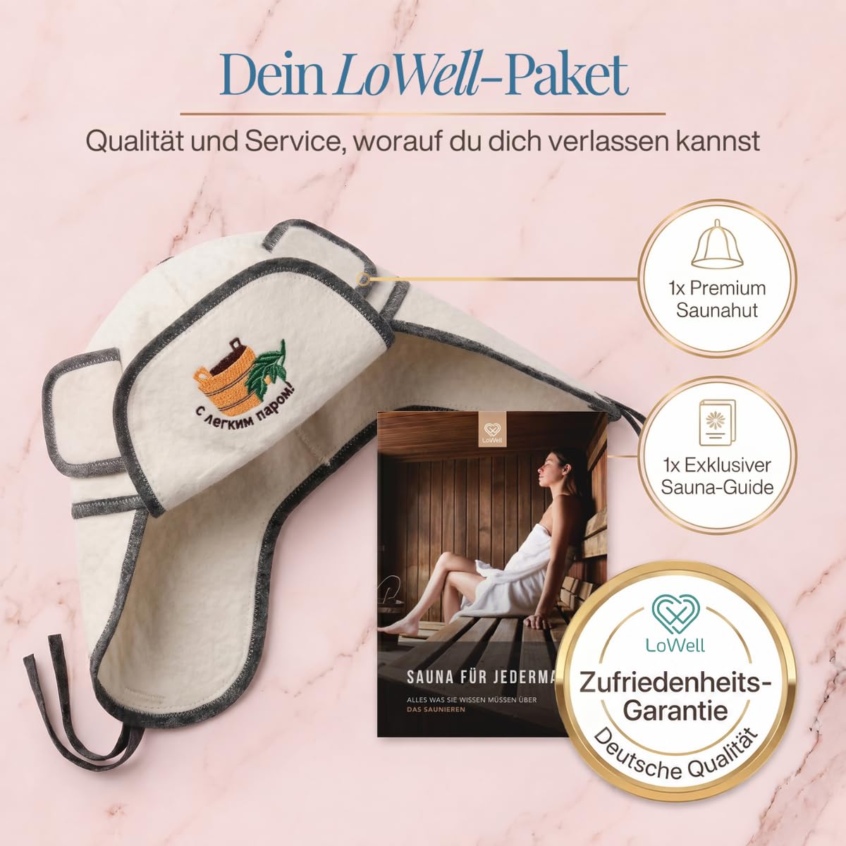 Saunahut „Schlapphut“ unter der Überschrift „Dein LoWell-Paket“, daneben ein LoWell-Abzeichen