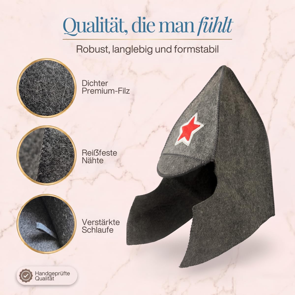 Saunahut „Stern“ freigestellt mit drei Nahaufnahmen von Filz, Naht und Schlaufe