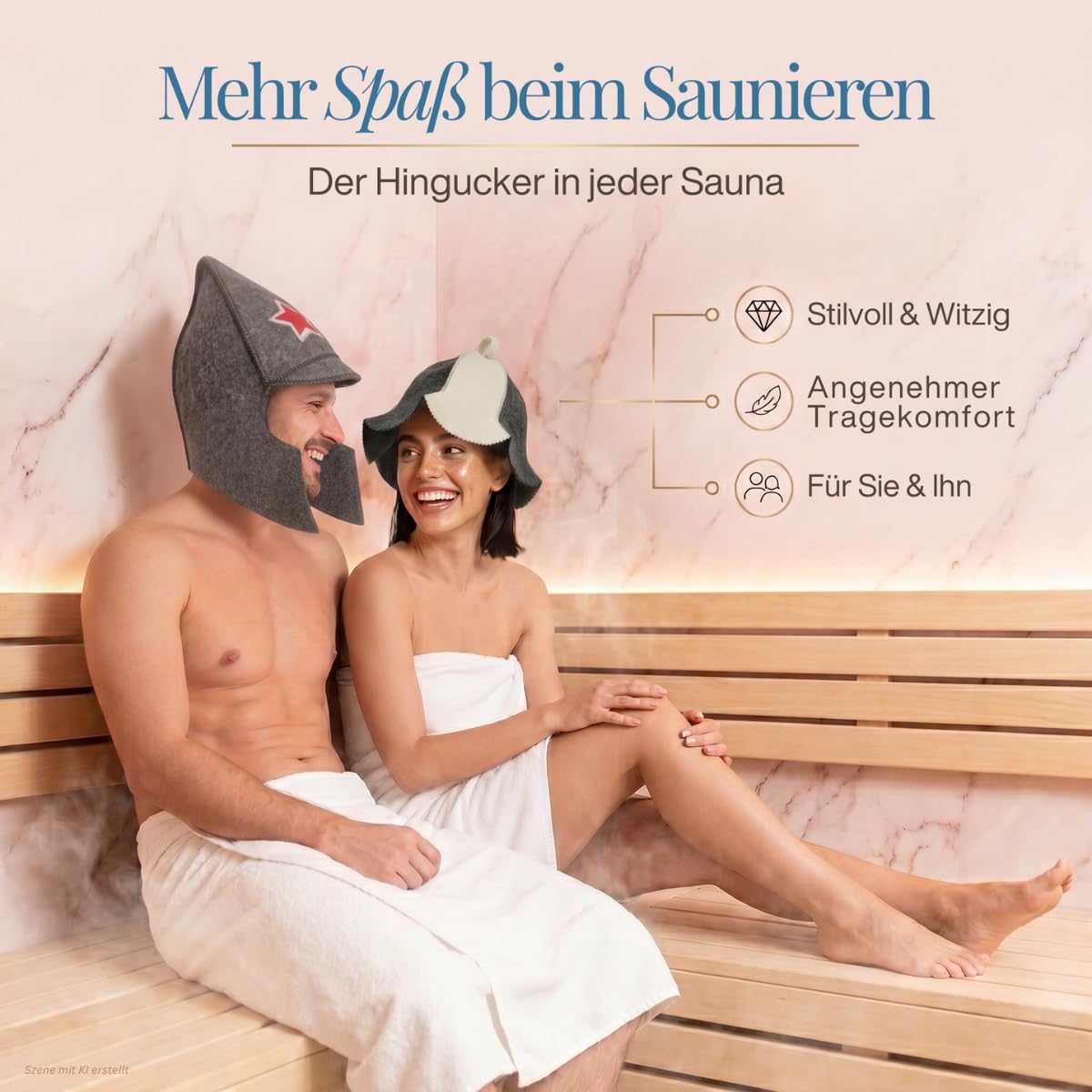 Paar auf einer Saunabank, er mit Saunahut „Stern“, sie mit Saunahut „Thumbelina“