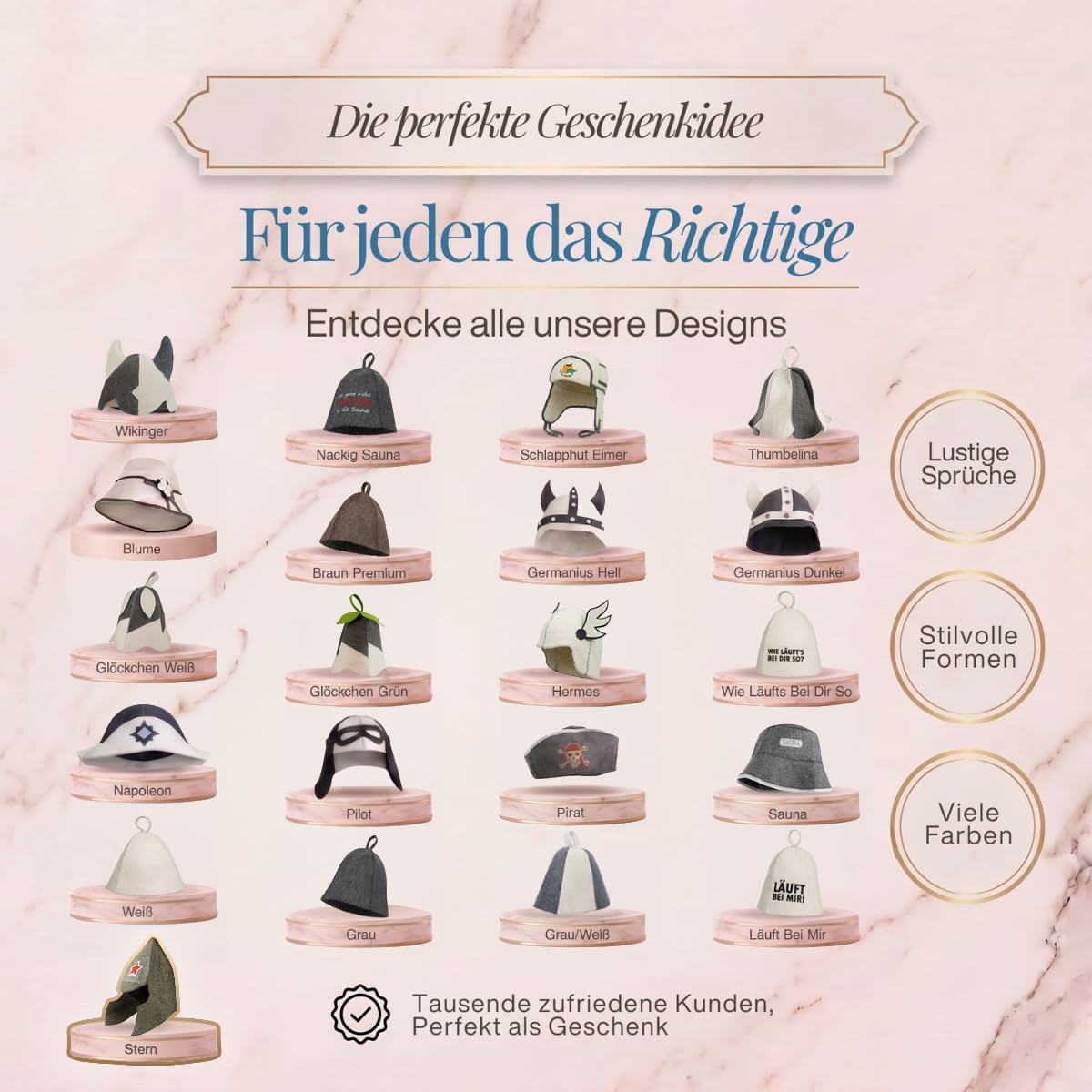 Übersicht von 21 Saunahut-Designs auf Podesten, das Modell „Stern“ ist hervorgehoben