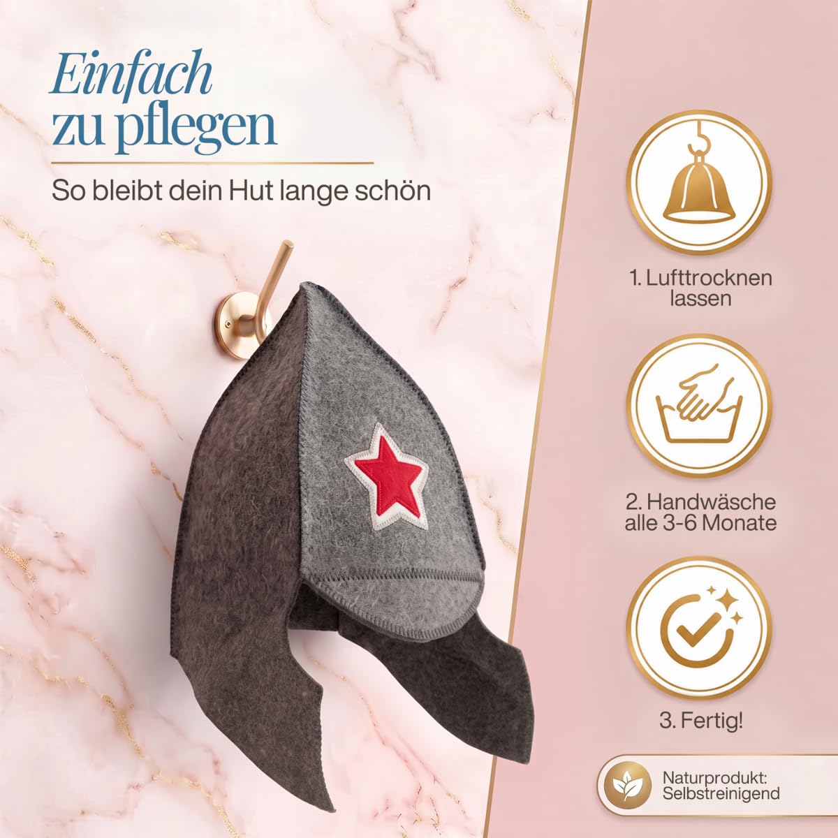 Saunahut „Stern“ an einem Wandhaken, daneben drei Pflegeschritte als Symbole