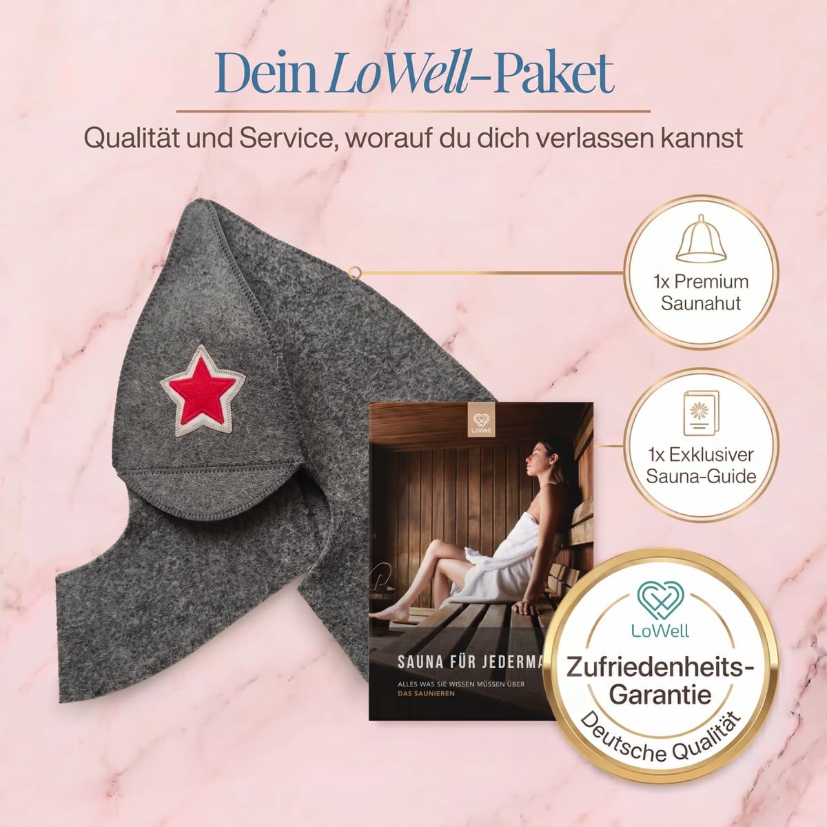 Saunahut „Stern“ unter der Überschrift „Dein LoWell-Paket“, daneben ein LoWell-Abzeichen
