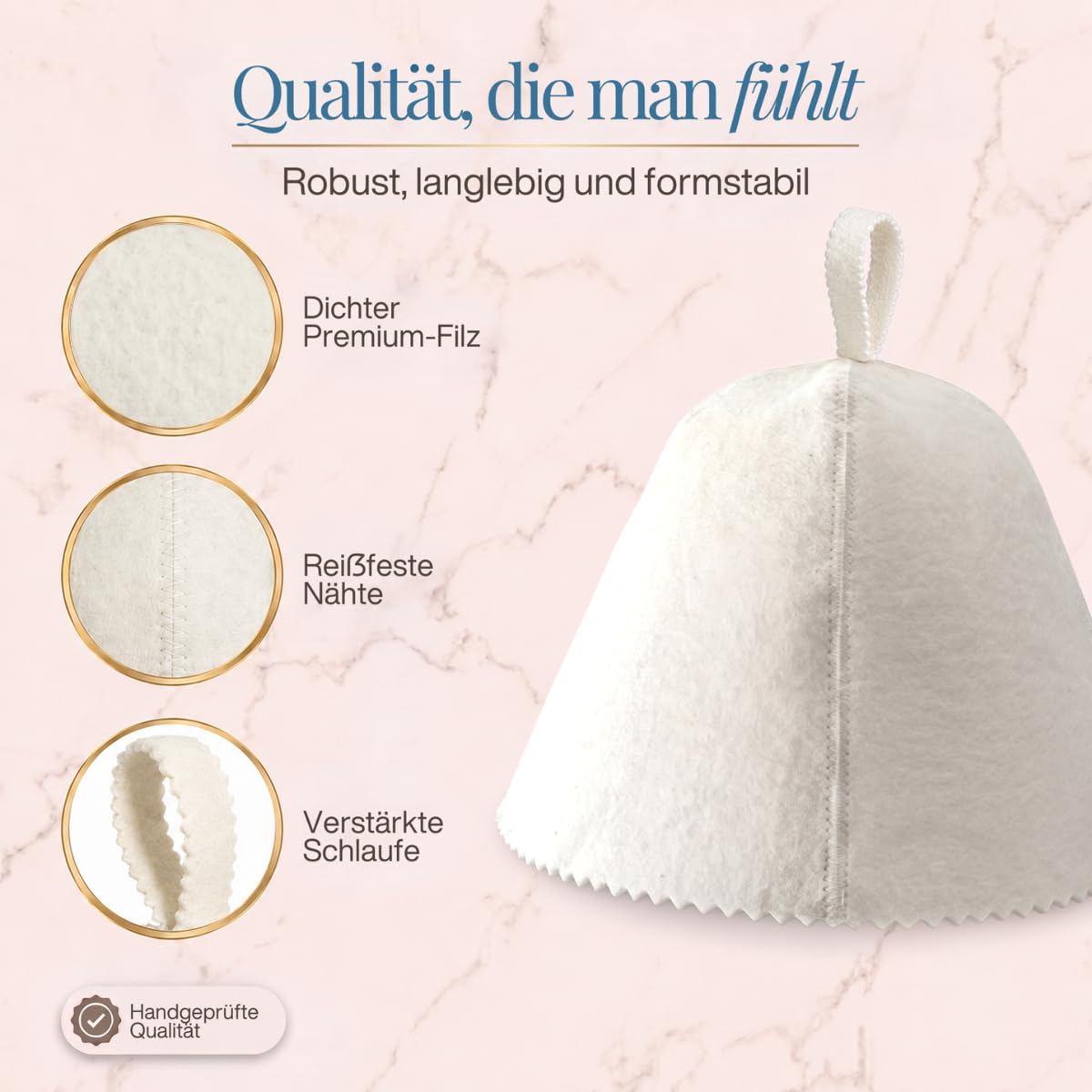 Saunahut „Weiß“ freigestellt mit drei Nahaufnahmen von Filz, Naht und Schlaufe