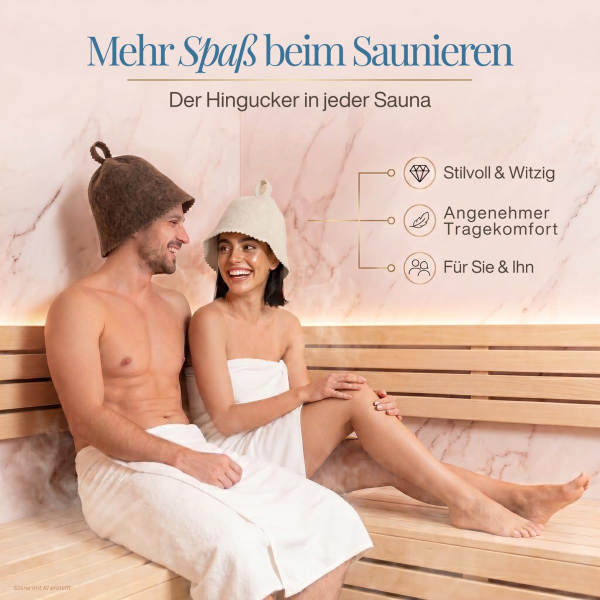 Paar auf einer Saunabank, er mit Saunahut „Braun“, sie mit Saunahut „Weiß“