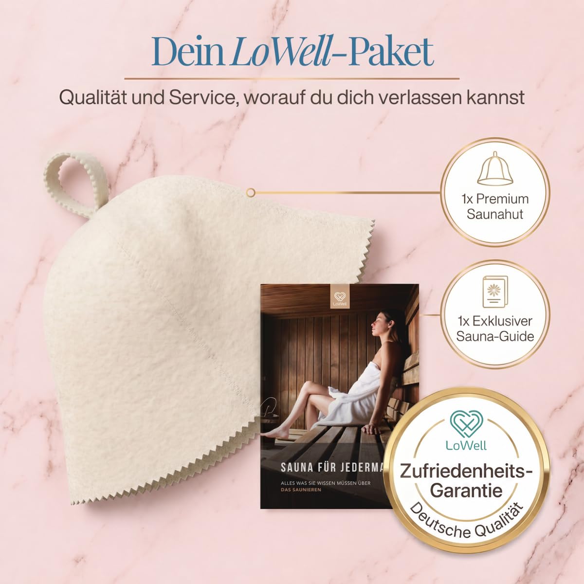 Saunahut „Weiß“ unter der Überschrift „Dein LoWell-Paket“, daneben ein LoWell-Abzeichen