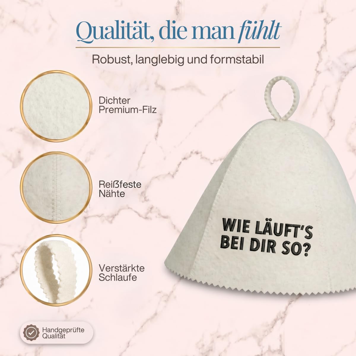 Saunahut „Wie läuft’s bei dir so?“ freigestellt mit drei Nahaufnahmen von Filz, Naht und Schlaufe