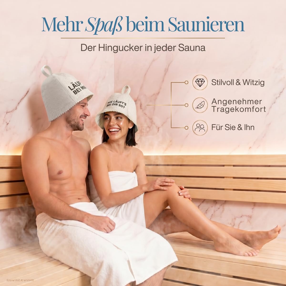 Paar auf einer Saunabank, er mit Saunahut „Läuft bei mir!“, sie mit Saunahut „Wie läuft’s bei dir so?“
