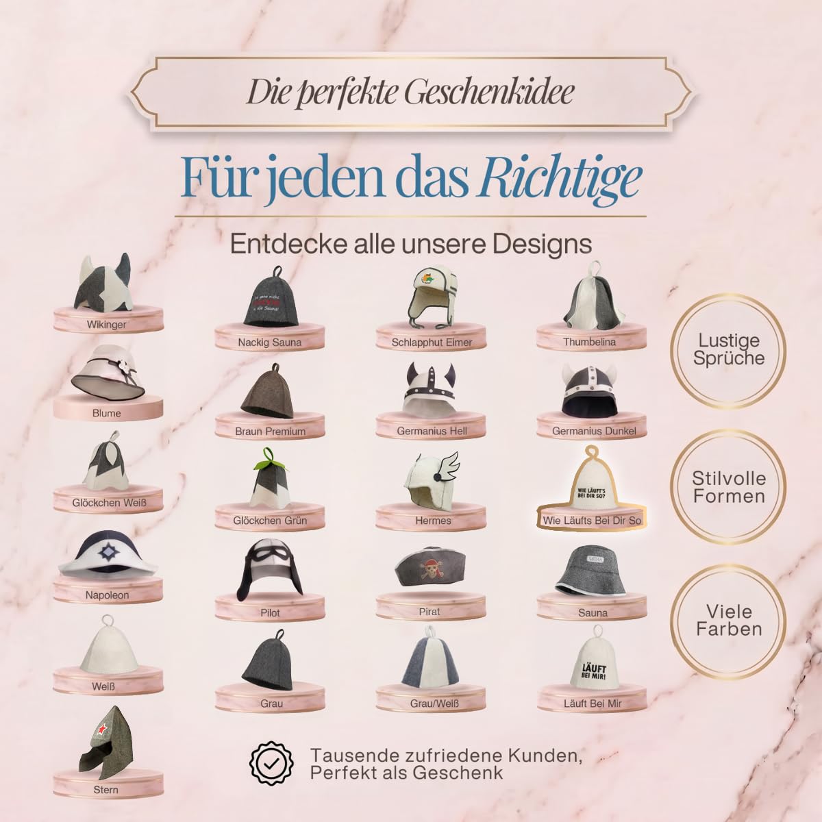 Übersicht von 21 Saunahut-Designs auf Podesten, das Modell „Wie läuft’s bei dir so?“ ist hervorgehoben