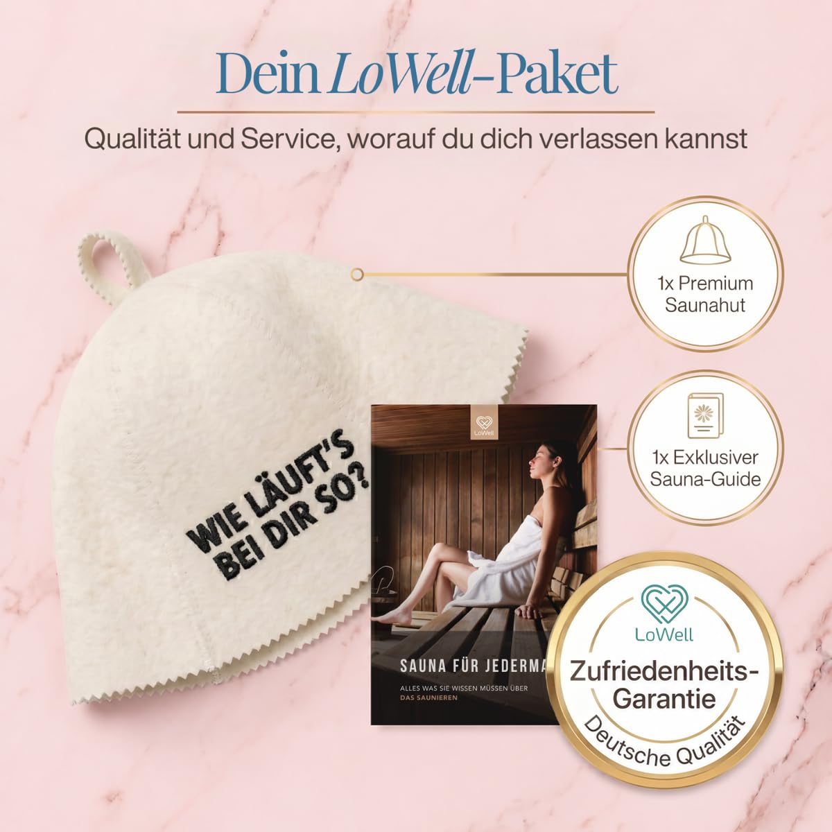 Saunahut „Wie läuft’s bei dir so?“ unter der Überschrift „Dein LoWell-Paket“, daneben ein LoWell-Abzeichen