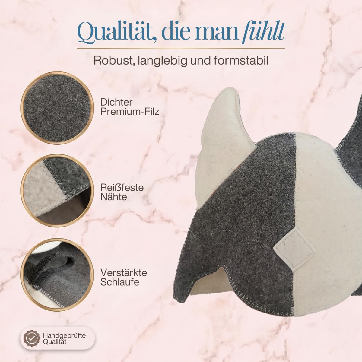 Saunahut „Wikinger“ freigestellt mit drei Nahaufnahmen von Filz, Naht und Schlaufe