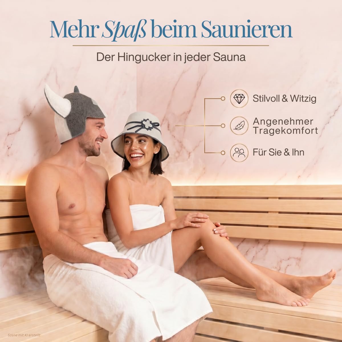 Paar auf einer Saunabank, er mit Saunahut „Wikinger“, sie mit Saunahut „Blume“