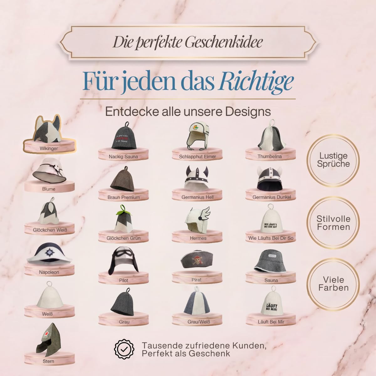 Übersicht von 21 Saunahut-Designs auf Podesten, das Modell „Wikinger“ ist hervorgehoben