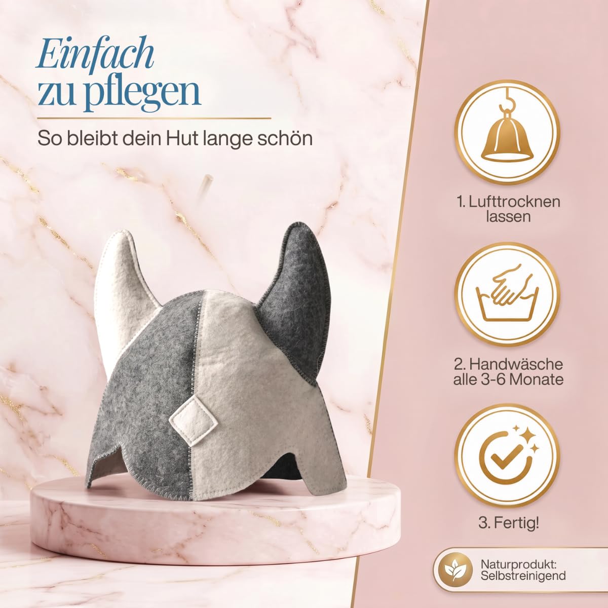 Saunahut „Wikinger“ auf einem hellen Podest, daneben drei Pflegeschritte als Symbole