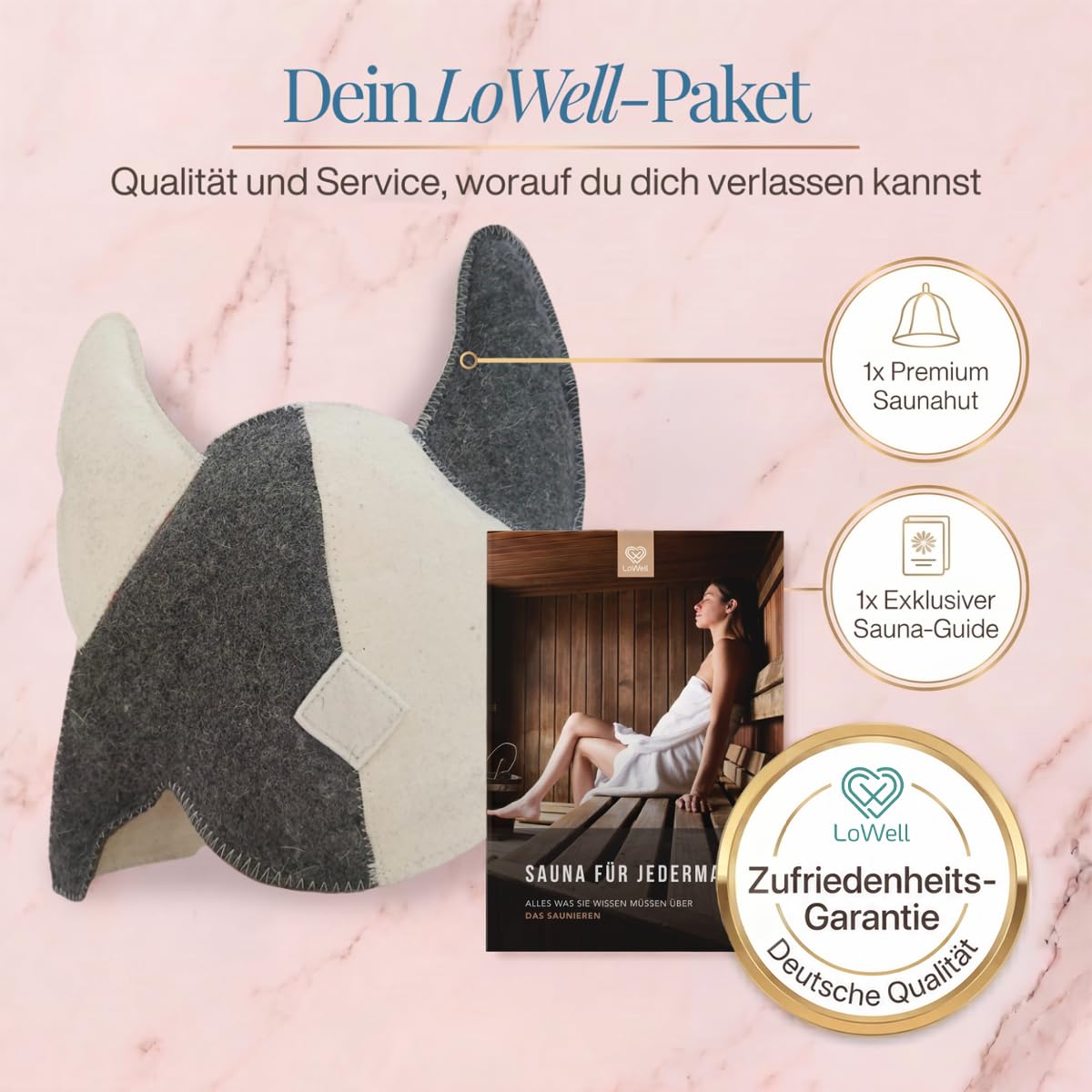 Saunahut „Wikinger“ unter der Überschrift „Dein LoWell-Paket“, daneben ein LoWell-Abzeichen