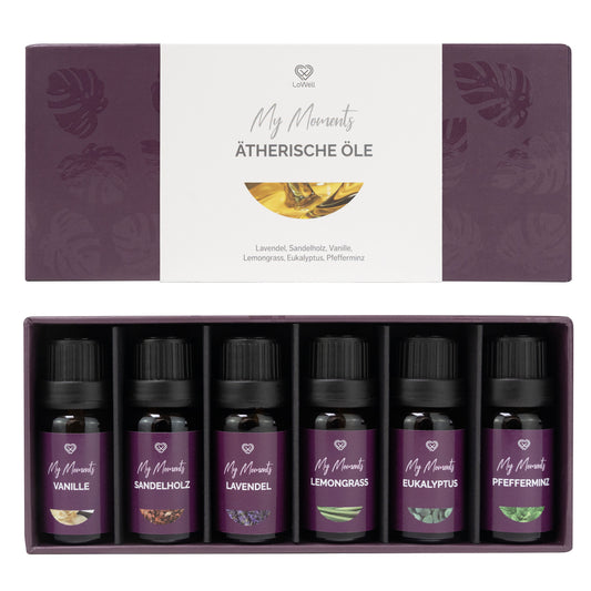 Ätherische Öle Geschenkset - Lavendel, Eukalyptus, Vanille, Lemongrass, Sandelholz, Pfefferminz - 6 x 10ml